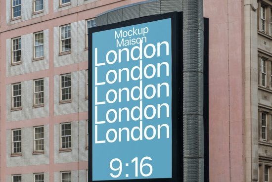 Urban billboard mockup with a blue design showcasing repetitive text "London" and a digital time display, set against a building facade. Suitable for advertising and design presentations.
