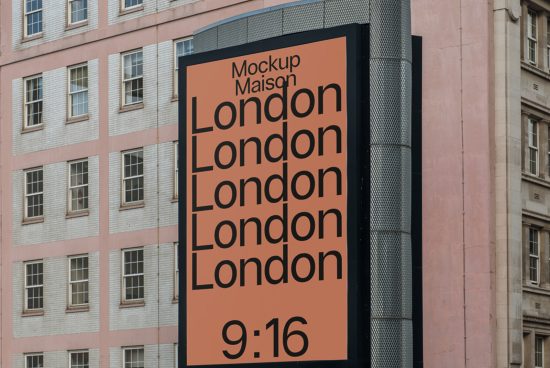 Outdoor billboard mockup on a building facade showcasing a bold font design with the word London and timestamp, ideal for presentations and advertising.