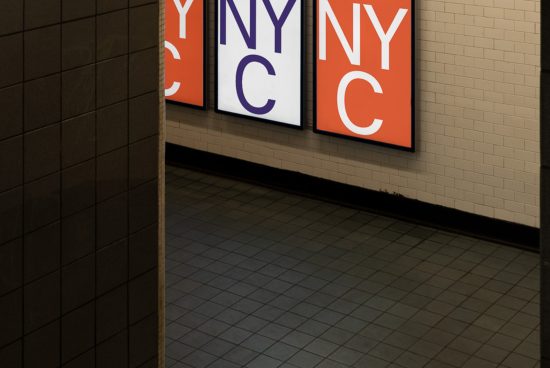 Subway station interior with three posters featuring bold NY design, perfect for urban mockup, graphic design, or template background for designers.