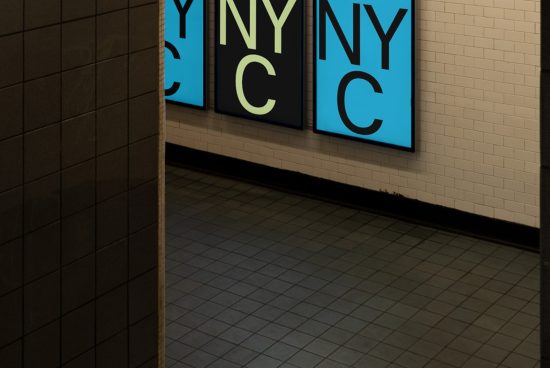 Subway station interior with posters, ideal for urban mockup designs, featuring tiled walls and flooring, suitable for advertising graphics.