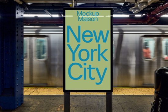 Subway station poster mockup with motion blur train, showcasing bold New York City typography design for advertising and branding.