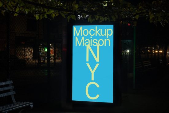 Outdoor advertising mockup featuring a vertical billboard with a nighttime setting, ideal for realistic presentation in design projects.