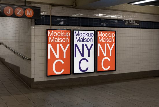 Subway ad mockup templates displaying bold NYC text, ideal for designers to showcase advertising designs in an urban environment.