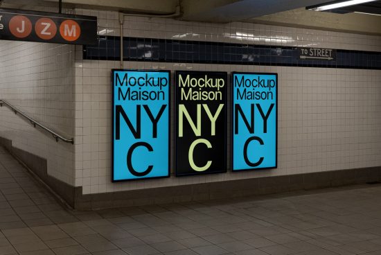 Subway station wall with three poster mockups featuring bold text NYC design, suitable for graphics and urban-inspired marketing presentations.