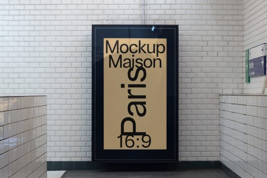 Urban subway station poster mockup on tiled wall, ideal for presenting designs and fonts in a realistic setting, suitable for advertisements.
