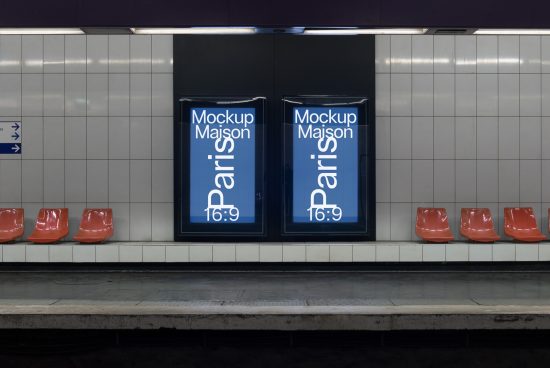 Subway station mockup with digital ad screens and seating area. Ideal for presenting advertising campaigns or posters in a realistic urban setting.