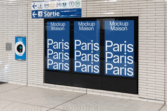 Triple billboard mockup in subway station with editable displays for advertising design presentation, showcasing font and graphic placement.