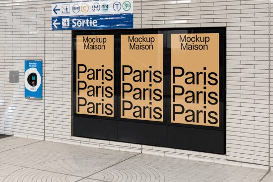 Subway advertisement mockups showcasing text designs on wall-mounted billboards, ideal for displaying fonts or graphics in a realistic urban setting.