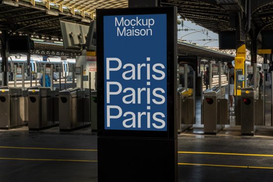 Digital billboard mockup at train station with text Paris, ideal for showcasing ads or designs to clients, high-quality visual for designers.