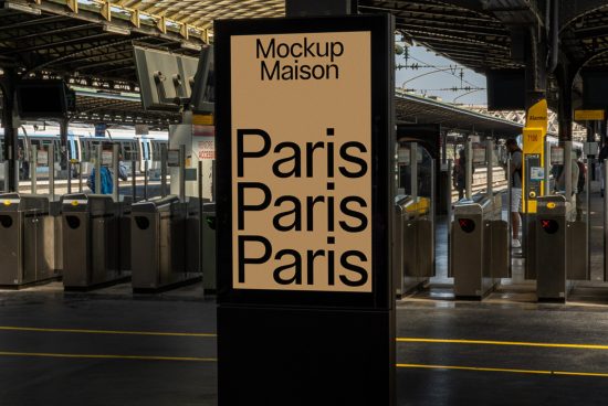 Urban poster mockup featuring "Paris" text at a train station, great for designers creating advertising mockups in real-world settings.