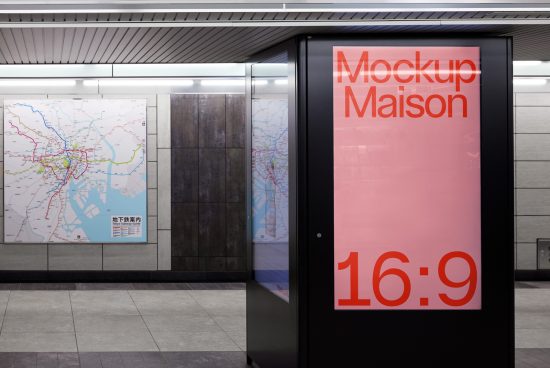 Digital billboard mockup in a metro station with a city map beside, suitable for advertising and design presentations.