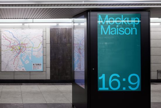 Digital billboard mockup in a subway station with transit map in the background, ideal for advertising presentations.