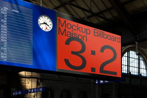 Train station billboard mockup in landscape format with clock and timetable, ideal for presenting ads, graphics, and design layouts.