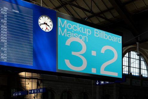 Blue billboard mockup in train station with clock and timetable, perfect for designers to showcase advertising designs.