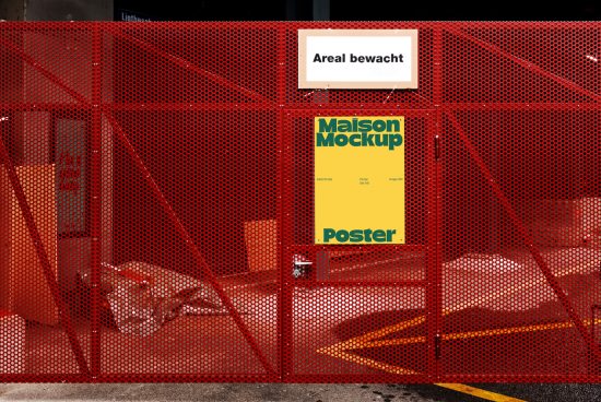 Urban poster mockup on red perforated metal gate for design presentation, suitable for showcasing advertising graphics and fonts.