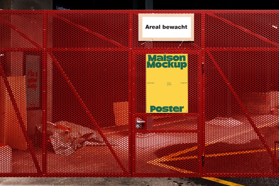 Yellow poster mockup on red mesh wall barrier with white label above