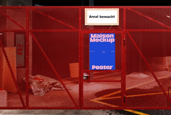 Red perforated construction barrier featuring urban poster mockup for urban advertising, targeting graphic designers in mockups category.