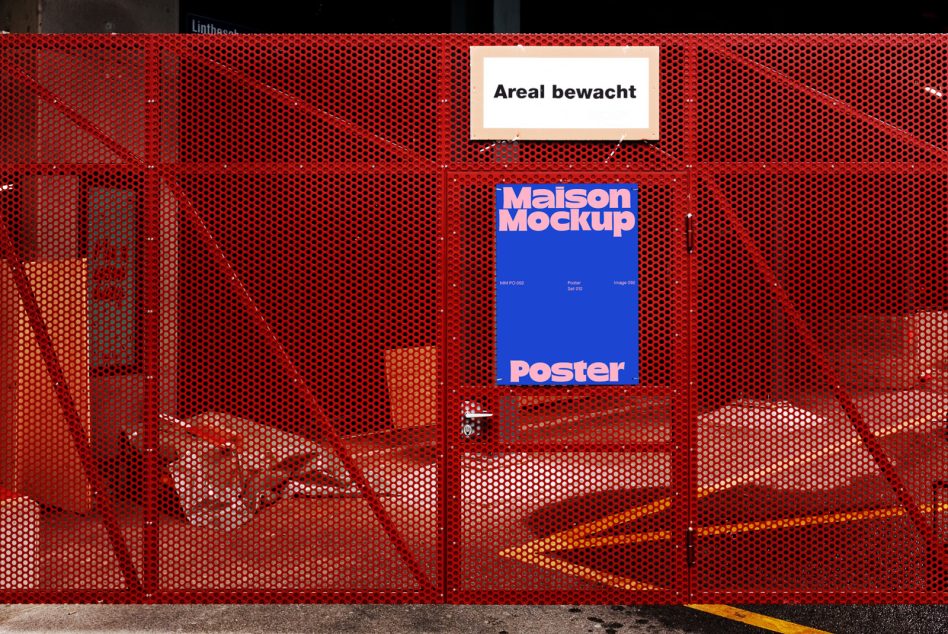 Blue poster mockup on red mesh wall barrier with white label above
