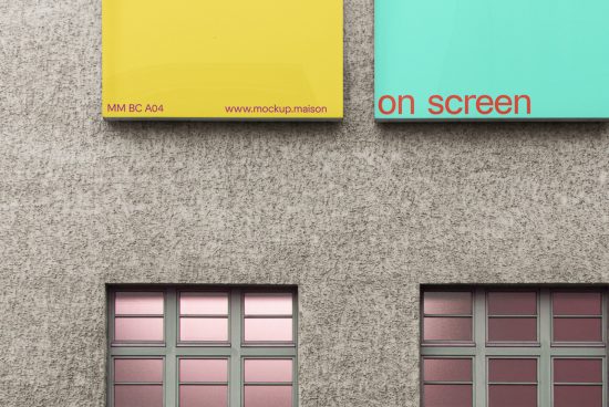 Wall-mounted mockup banners in urban setting for outdoor advertising design, featuring yellow and teal examples with website text.