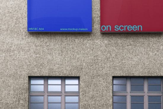Outdoor billboard mockup on a textured wall above windows, showcasing blue and red panels with editable design space for branding.