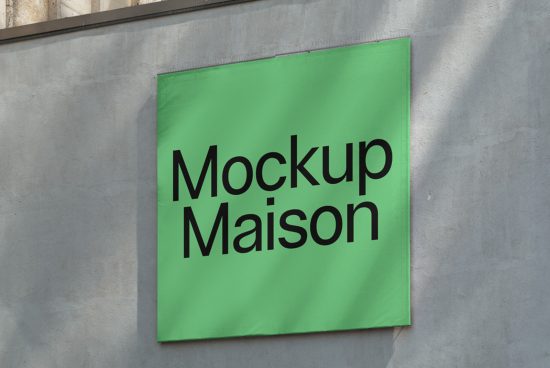 Green wall-mounted square sign mockup with bold "Mockup Maison" text, ideal for branding presentation, external signage designs.