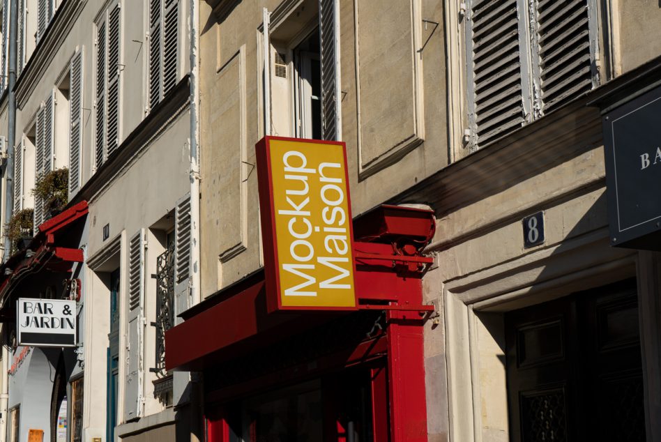 Urban store signage mockup on a sunny day for graphic design branding display, showcasing storefront mockups, signage design templates.