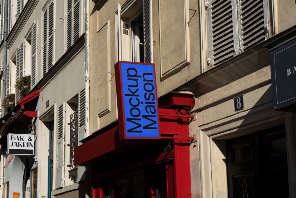 Urban storefront sign mockup in daylight, perfect for realistic branding presentation, designer assets for facade graphics display.