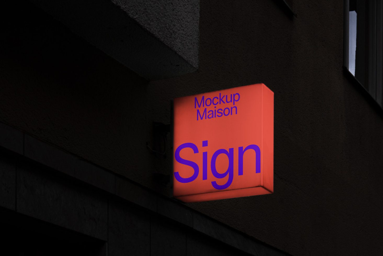 Illuminated square sign mockup on building wall at dusk, with editable design space for logo display, in urban setting for advertising.