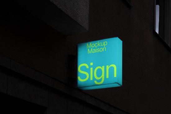 Illuminated square sign mockup on building facade at dusk, showcasing dynamic lighting and realistic textures for urban branding.