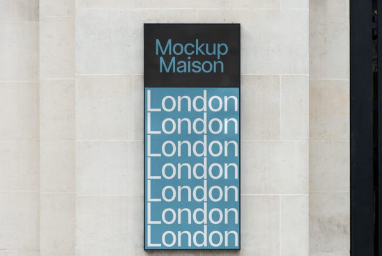 Vertical sign mockup with blue text reading "Mockup Maison" and "London" repeated on building facade, suitable for graphic design mockups.