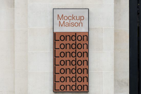 Vertical sign mockup attached to a stone wall with stylish typography design displaying the word London repeated, ideal for storefront branding presentations.