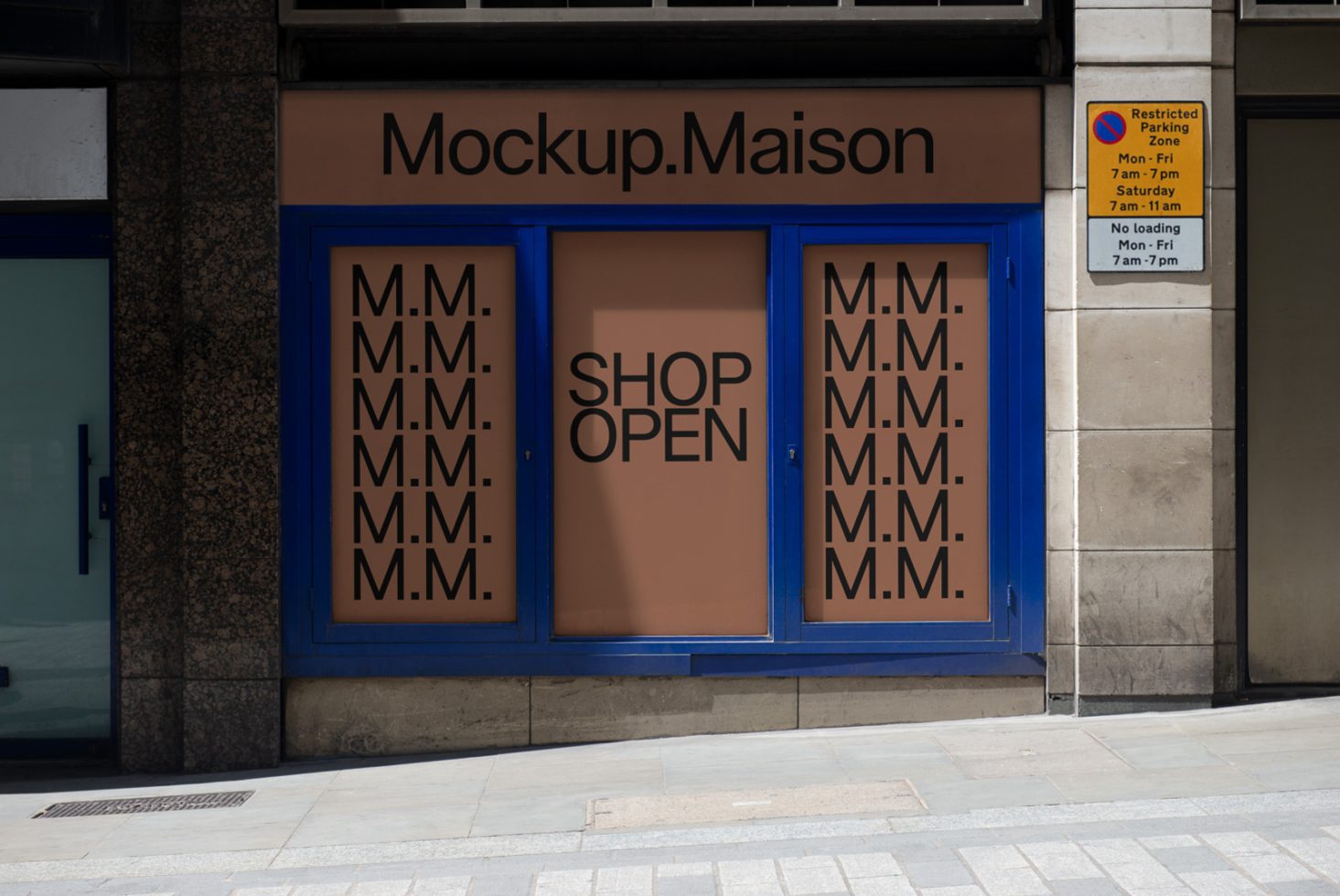 Storefront mockup with blue frames and signage reading Mockup Maison for design presentations, urban mockups, signage mockups, shop branding.