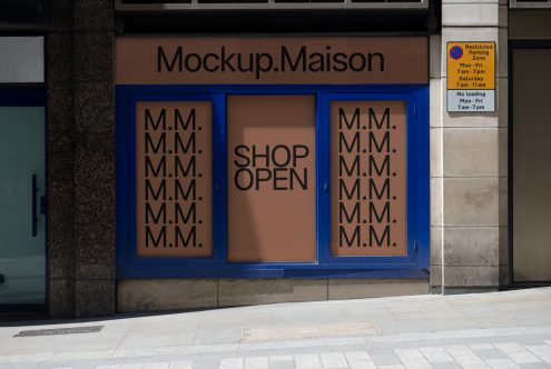 Storefront mockup with blue frames and signage reading Mockup Maison for design presentations, urban mockups, signage mockups, shop branding.