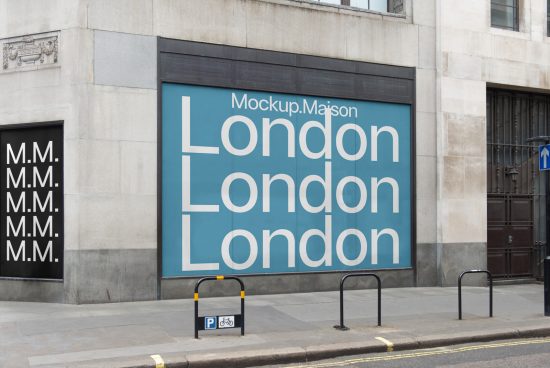 Urban storefront mockup featuring oversized typography design spell London, ideal for presenting branding in a cityscape setting.