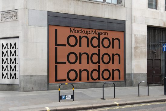 Storefront mockup with bold typography stating 'London' in a repeating pattern, ideal for branding presentations and design showcases.