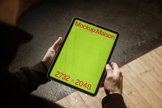 Person holding a tablet with a green screen mockup for design display, resolution 2732x2048, ideal for graphics presentations.