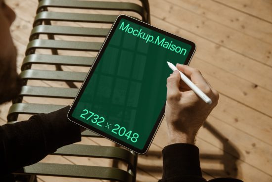Person holding stylus over digital tablet mockup with green screen and resolution details, ideal for presentations and design display.