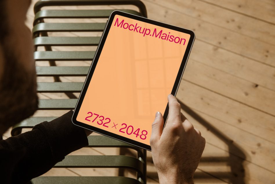 iPad in hands with peachy orange display, magenta text, sitting on bench in daylight