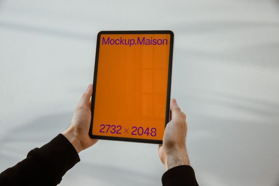 Hands holding tablet with orange screen mockup for digital design display, showing resolution 2732 x 2048 pixels, white background.