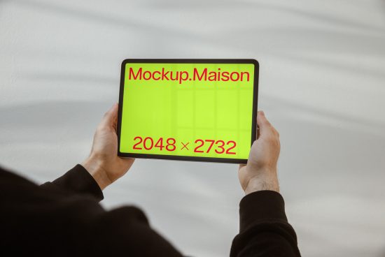 Person holding tablet with green screen mockup, 2048x2732 pixel display, suitable for presenting apps and designs.