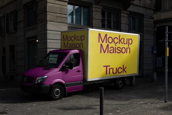 Vibrant purple and yellow delivery truck on city street, ideal for vehicle branding mockup design assets for advertising and marketing.