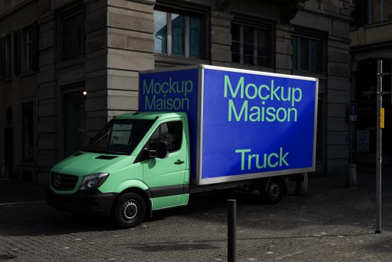 Realistic delivery truck mockup with editable surface parked on urban street, suitable for brand presentation, design assets.