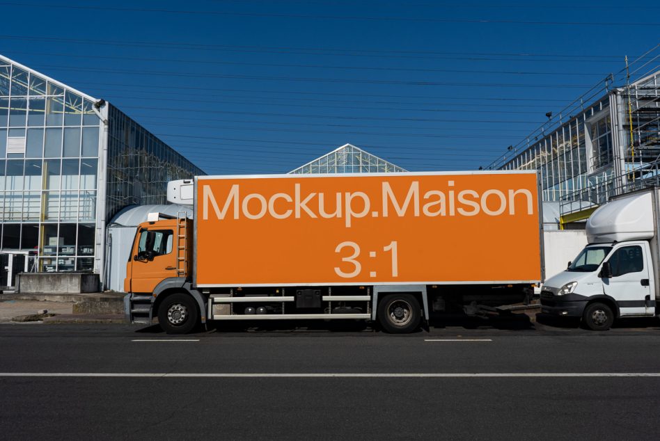 Side view of a delivery truck mockup parked on urban street with clear space for branding, perfect for showcase - vehicle advertising mockup.