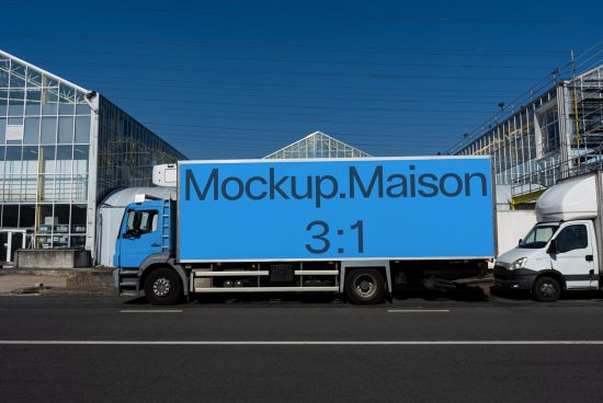 Side view of a delivery truck mockup with clear blue branding space for designers to visualize their logos and advertisements in a realistic setting.