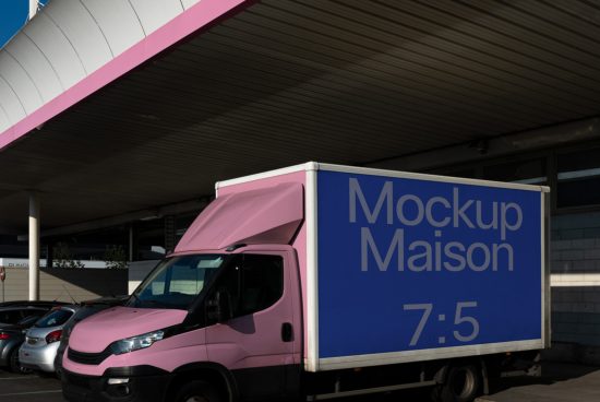 Pink delivery truck mockup with blue branding under a shelter for advertising, vehicle wrap, and design presentation.