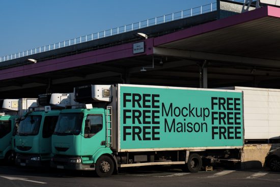 Delivery truck with large billboard advertisement for FREE Mockup, targeting designers for digital assets, showcasing graphics display option.