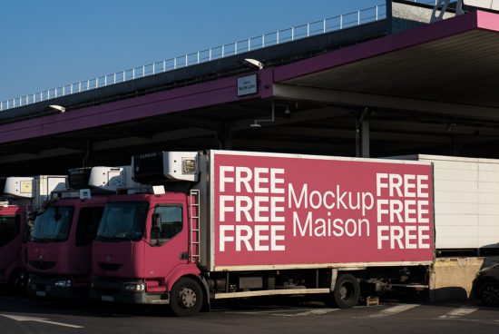 Pink delivery truck with a large side advertisement for free mockups, urban setting, designers' asset, realistic vehicle mockup graphic.