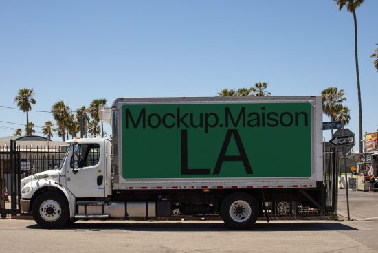 Side view of a white delivery truck mockup parked on a sunny street, palm trees in the background, with a blank green ad space for design presentation.