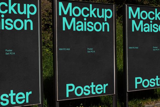 Billboard mockups showcasing cyan on black text design, ideal for outdoor advertising presentations in a realistic setting for designers.
