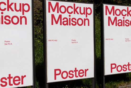 Outdoor poster mockups displayed on stands, versatile for branding designs, large format prints, advertising, city street design preview.